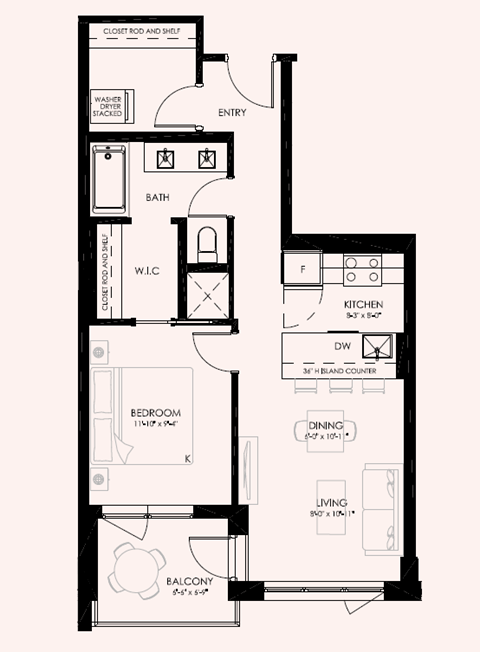 Floor plan for 1 bed, 1 bath, 631 sqft